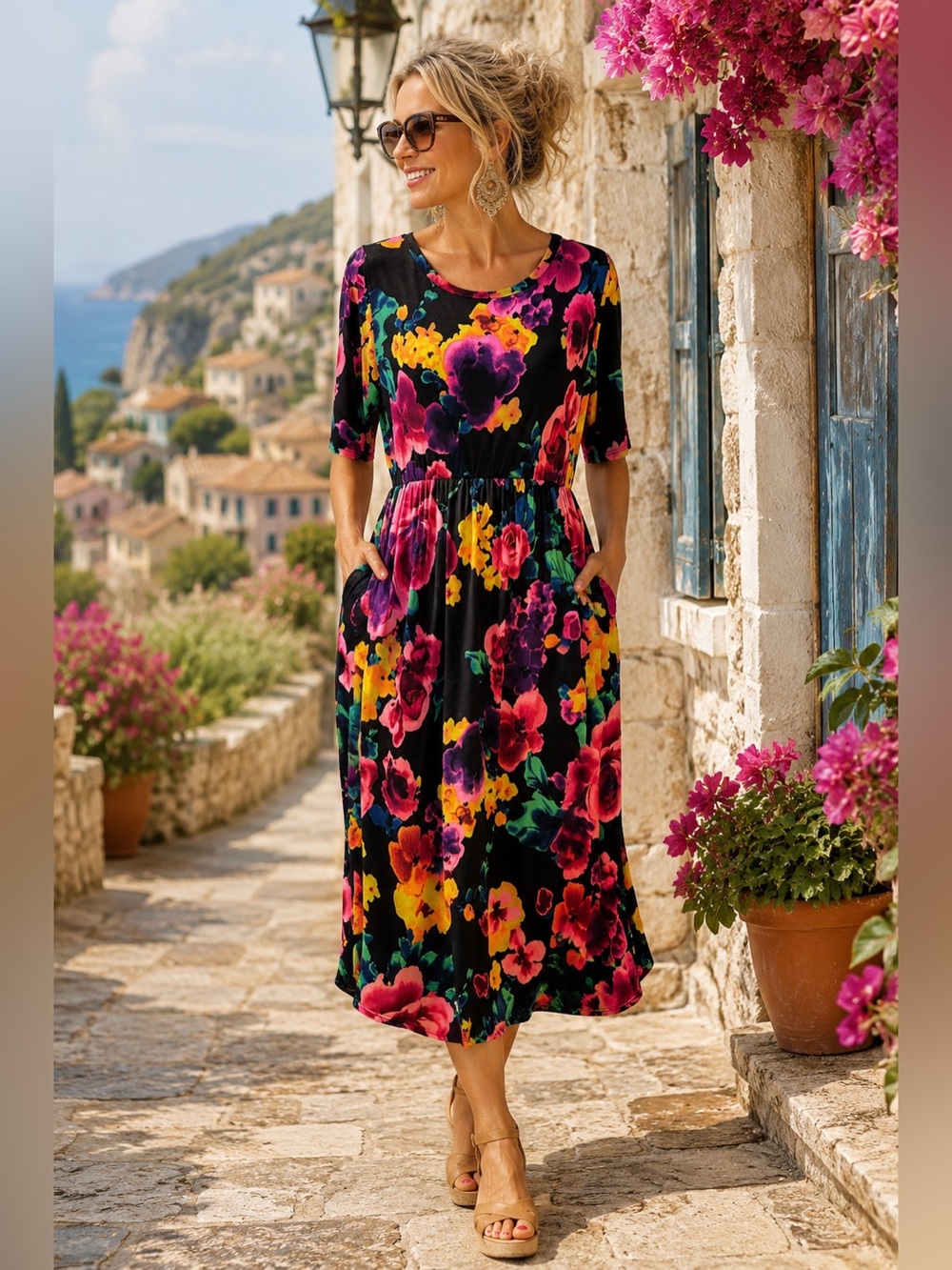 Sew In Love Floral Midi Dress | M | Black Pink Watercolor Floral  | Pockets